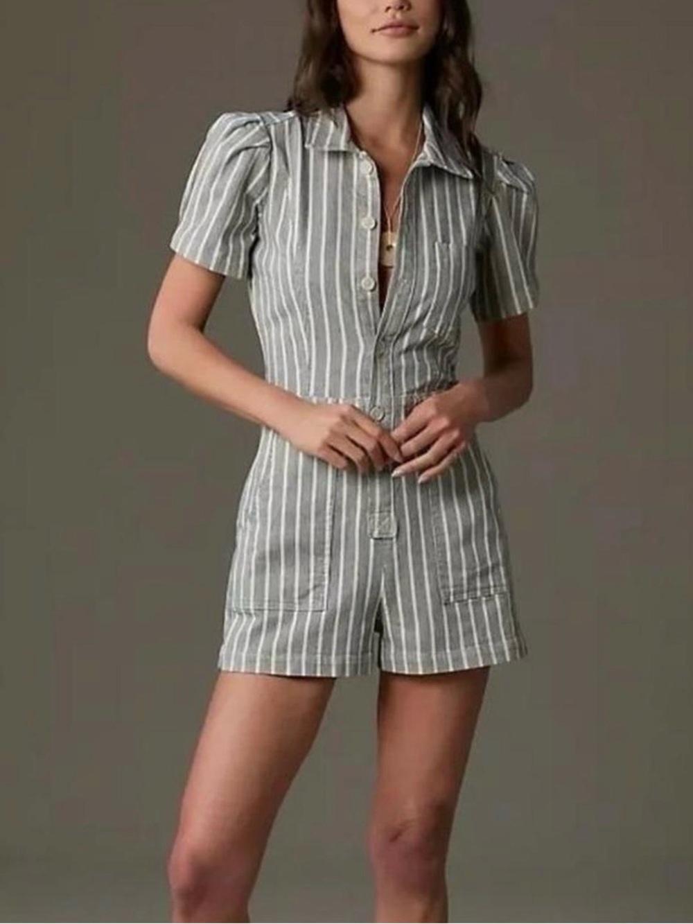 Pilcro NWT Button-Front Romper in blue/white strip ANTHROPOLOGIE size 8